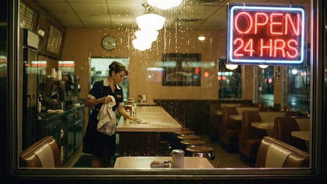 Woman cleaning diner counter at night, seen through a rainy window with a neon open 24 hours sign. Retro 80s aesthetic.