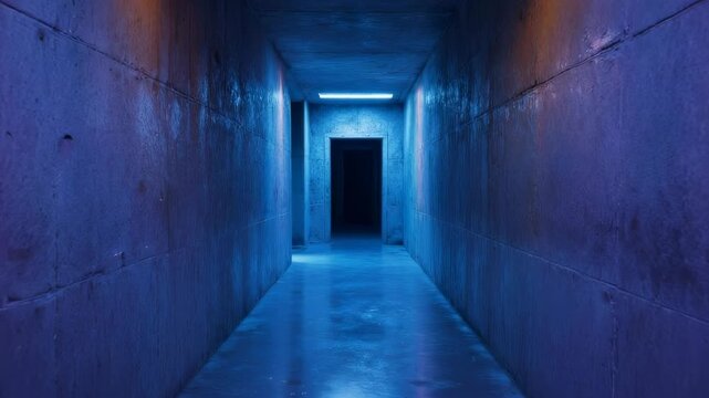 Concrete tunnel with neon lighting. Purple/blue tones create atmospheric mood with light at end