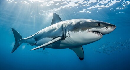 Fototapeta premium Great white shark swimming underwater with sunlight rays.