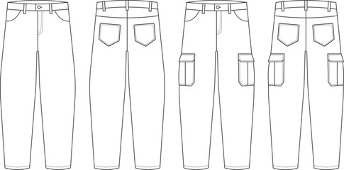 Minimal vector outline illustration of trousers and cargo pants with belt loops and functional pockets. Clean fashion technical sketches suitable for garment development, pattern making, and clothing