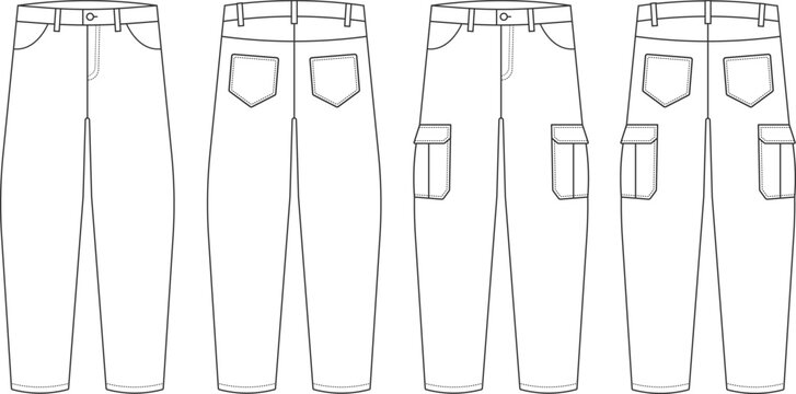 Minimal vector outline illustration of trousers and cargo pants with belt loops and functional pockets. Clean fashion technical sketches suitable for garment development, pattern making, and clothing