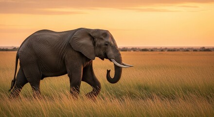 Fototapeta premium Majestic elephant roaming in a serene savannah landscape at sunset.