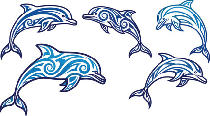 Fototapeta premium Tribal Dolphin Vector Collection with Decorative Ocean Animal Patterns for Tattoo Art, Marine Logos, Surf Branding, and Stylized Aquatic Designs