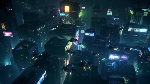 Nighttime aerial view of a neon-soaked megacity where flying cars weave between towering blocks, holographic billboards glow in misty air, and reflective rooftops hint at endless layers below.
