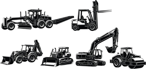 Black silhouette set of construction vehicles including excavator bulldozer grader forklift loader heavy machinery collection © Md