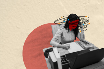 Obraz premium Modern conceptual art of a woman at work experiencing stress and burnout. Chaotic lines and red shapes over her face represent mental fatigue, confusion, and pressure at the office