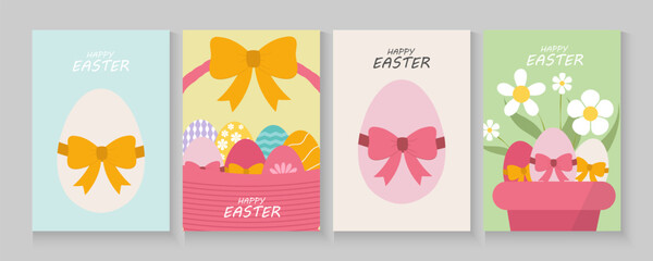 Fototapeta premium Easter Eggs and Spring Flowers Border background.Happy Easter. holiday greeting card, poster collection set. Springtime banner Modern flat design with flowers, egg pastel colors. Vector illustration