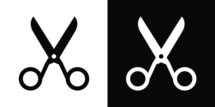 Vector scissors icon set in flat black and white styles. Minimalist design for tailoring, haircutting, craft, and editing tools. Isolated professional symbol for UI/UX and web design.
