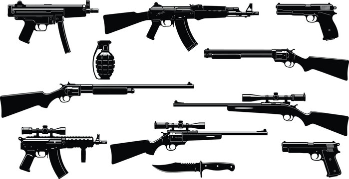 Firearms and tactical weapons silhouette icon set with rifles pistols shotguns grenade and combat knife designs
