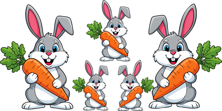 Adorable cartoon family of fluffy grey rabbits holding large bright orange carrots in a playful charming illustration design.