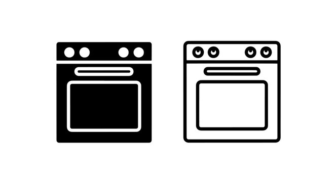 Vector icons in black and white of a stove and oven, symbolizing cooking, kitchens, and home appliances.