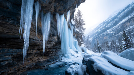 Frozen waterfall hanging from icy cliff in deep permafrost. Life in permafrost conditions, climate change problems on the planet. Global warming