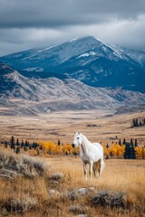 Majestic White Arabian Stallion Galloping Through Expansive Meadow Under Clear Blue Skies