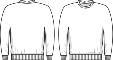 Clean black and white line illustration of a sweatshirt shown from front and back views. Minimal flat design suitable for fashion sketches, apparel mockups, clothing templates, print designs, and