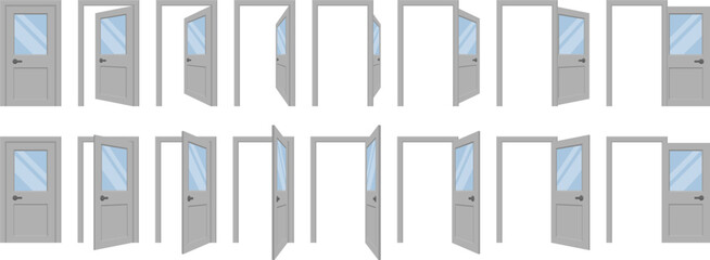 Set of modern door icons displaying open, half-open, and closed positions. Clean vector style isolated on white background, ideal for interface design, web projects, motion graphics, and access or