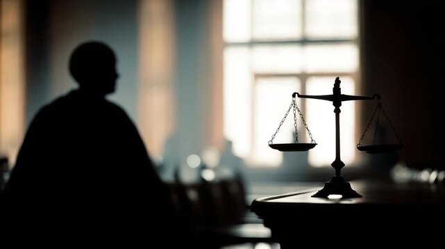Silhouette of the scales of justice set against a courtroom interior with a judge in the background. law, balance, fairness, legal proceedings.