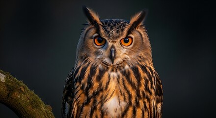 Obraz premium Eurasian eagle owl portrait with vibrant orange eyes.