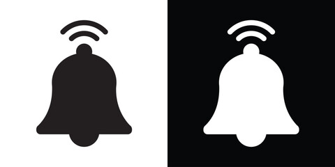 Solid bell silhouette icon with signal waves representing active notifications or alerts. Provided in high-contrast black and white styles for mobile and desktop systems.