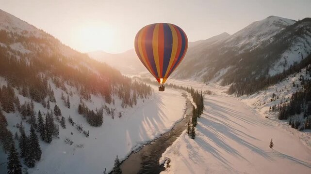 A colorful hot air balloon glides above a snowy mountain valley at sunrise, its shadow drifting across pines and a winding river while golden light washes the peaks and quiet winter terrain.