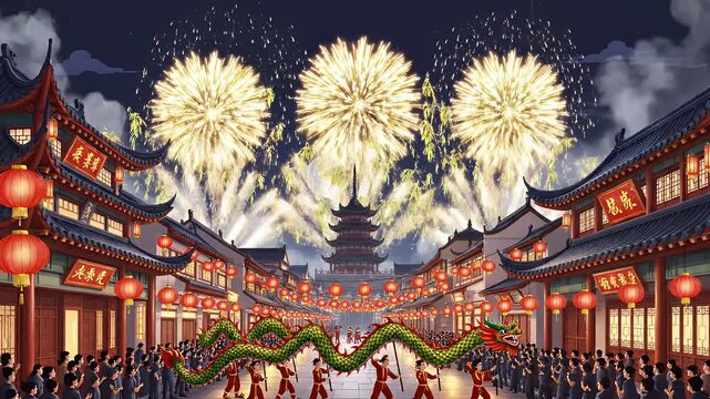 Chinese New Year Dragon Parade Celebration - An illustration shows a Chinese New Year celebration with fireworks and a dragon parade in a city street.