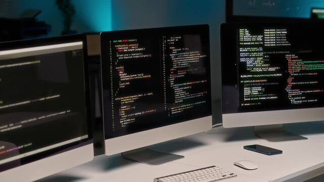 Three modern computer monitors with codes on screens on desk in modern IT company office at night