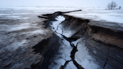 Cracked icy soil in extreme cold, showing layers of frozen earth and frost heaves. Life in permafrost conditions, climate change problems on the planet. Global warming