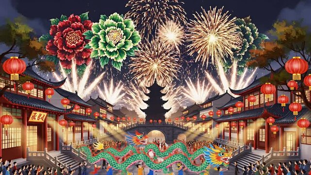 Chinese New Year Celebration - A festive video of a Chinese New Year celebration, complete with fireworks, a dragon dance, and traditional Chinese architecture adorned with red lanterns.