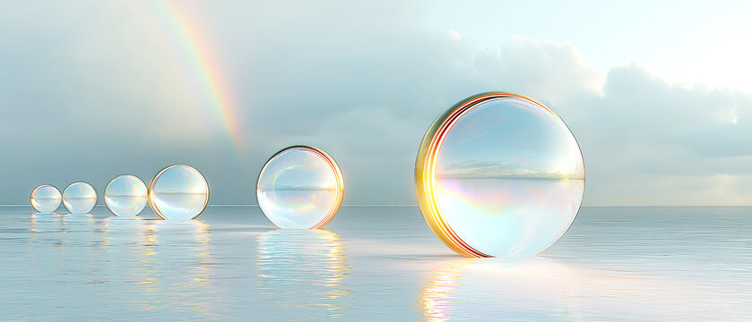 Iridescent Glass Spheres on Ocean with Rainbow

