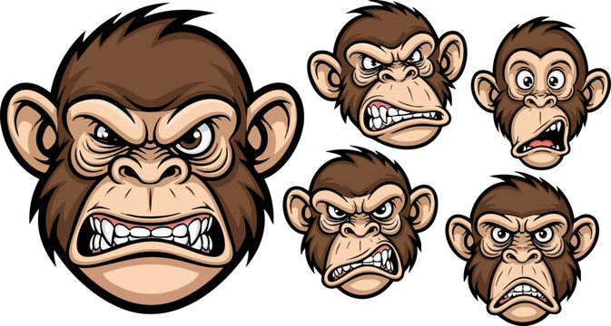 Cartoon illustration set of aggressive chimpanzee monkey heads displaying various intense angry facial expressions suitable for mascot design.