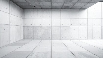 Obraz premium Minimalist industrial interior with tiled concrete wall and floor, square panels with bolt holes in grid pattern.