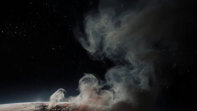 A planet&rsquo;s shadowed horizon arcs across the frame as pale plumes curl upward into the void, drifting through starlit darkness like cold smoke from distant eruptions in the silent cosmos.