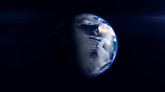 Earth hangs in the void, half in night and half in day, with swirling clouds and deep blue oceans curving beneath a soft limb glow, the terminator sliding across continents as the planet slowly turns.