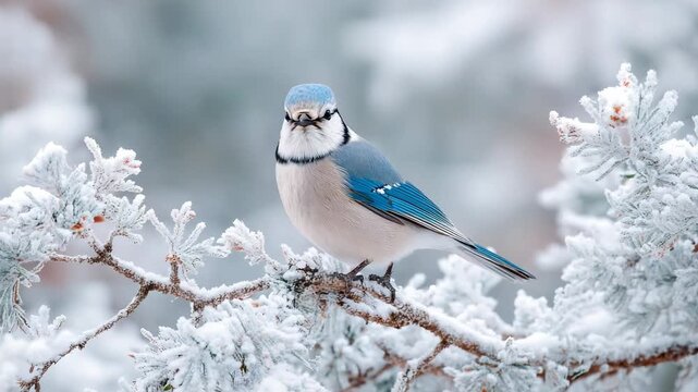 Blue jay perched on snow-covered branch in winter forest with frosty pine needles and soft cold background
