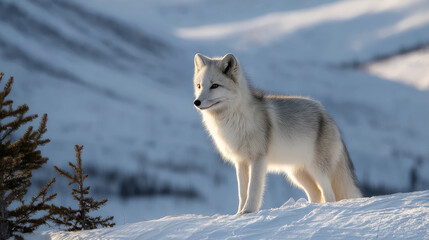 Arctic fox standing alert on a ridge above frozen tundra. Life in permafrost conditions, climate change problems on the planet. Global warming