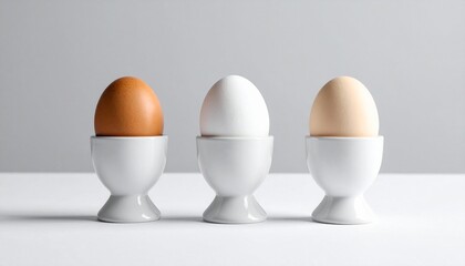 Three eggs in white egg cups on white surface with light gray background, each a different shade.