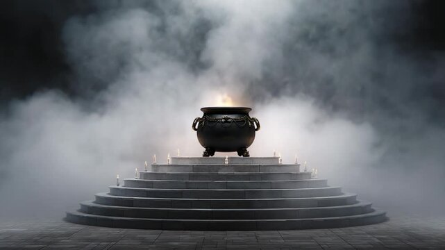 Mystical black cauldron on stone platform surrounded by fog and candlelight in dark magical atmosphere