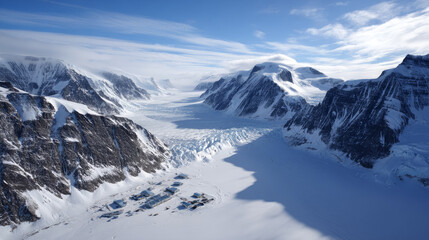 Aerial view of cracked permafrost terrain with patterned ground and ice lenses reflecting sunlight. Life in permafrost conditions, climate change problems on the planet. Global warming