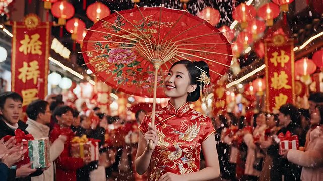 Chinese New Year Celebration - A woman in a traditional red qipao dress holds a decorated umbrella, surrounded by people and red lanterns celebrating Chinese New Year.