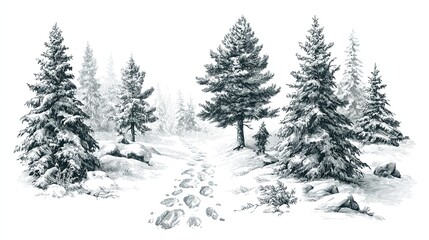 Fototapeta premium Engraving sketch of snowy winter forest path with pine trees and footprints leading into frosty wilderness