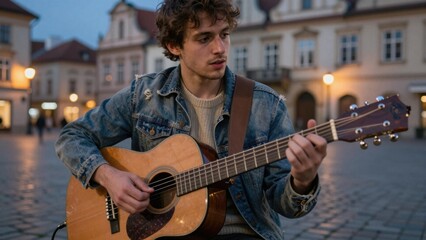 Young Man Playing Acoustic Guitar on Cobblestone City Street at Dusk