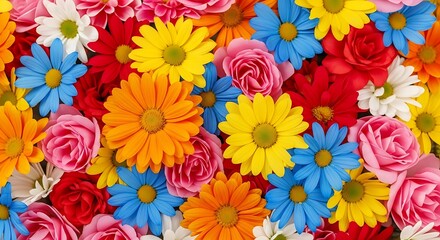 Vibrant mix of roses and daisies in bloom