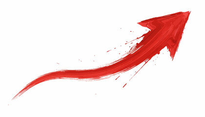 Brushstroke Arrow Vector Icon &ndash; Red Diagonal Upward Arrow with Artistic Splatter Effect, Emphasis Symbol for Growth, Motion, Direction, Editable Transparent Background Vector Graphic