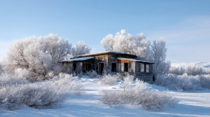 Abandoned Soviet-era outpost slowly being reclaimed by frost and snow in remote permafrost zone. Life in permafrost conditions, climate change problems on the planet. Global warming