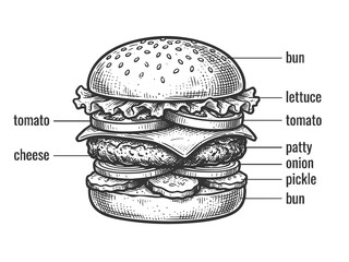 hamburger with labeled ingredients including bun, patty, cheese, tomato, lettuce, and sauce sketch engraving generative ai raster illustration. Scratch board imitation. Black and white image.