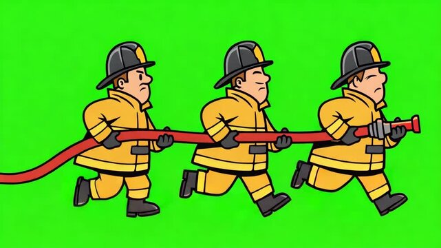 A fire brigade rushes to a fire with a fire hose in hand. Animation. Green screen, cartoon, video footage, mockup, looped video, chroma key.