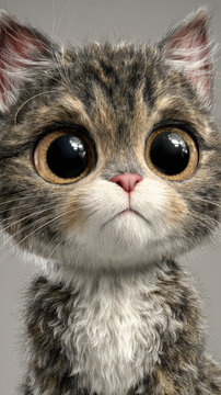 3D Rendered Cartoon Tabby Kitten with Large Reflective Eyes in Soft Studio Lighting