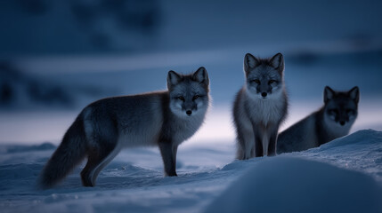 Wildlife surviving in permafrost, Arctic foxes and snow hares in frosty twilight landscape. Life in permafrost conditions, climate change problems on the planet. Global warming