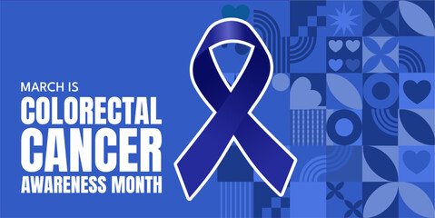 March is Colorectal Cancer Awareness Month banner with blue ribbon and geometric pattern, vector illustration