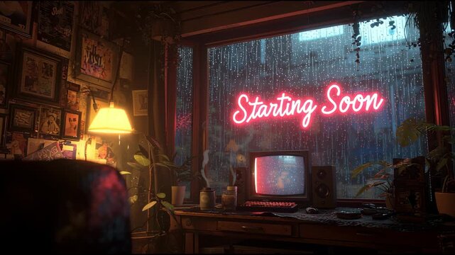 Indoor Room with Rainy Window and Neon Sign Reading Starting Soon