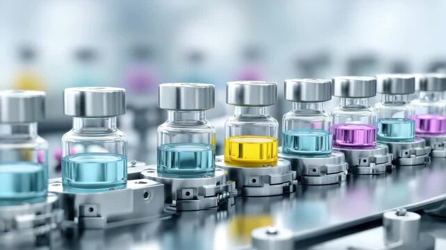 Clear glass vial with colored liquid automated production line clinical laboratory with sterile equipment and pharmaceutical medicine vaccine production colorful glass vial close up of medical